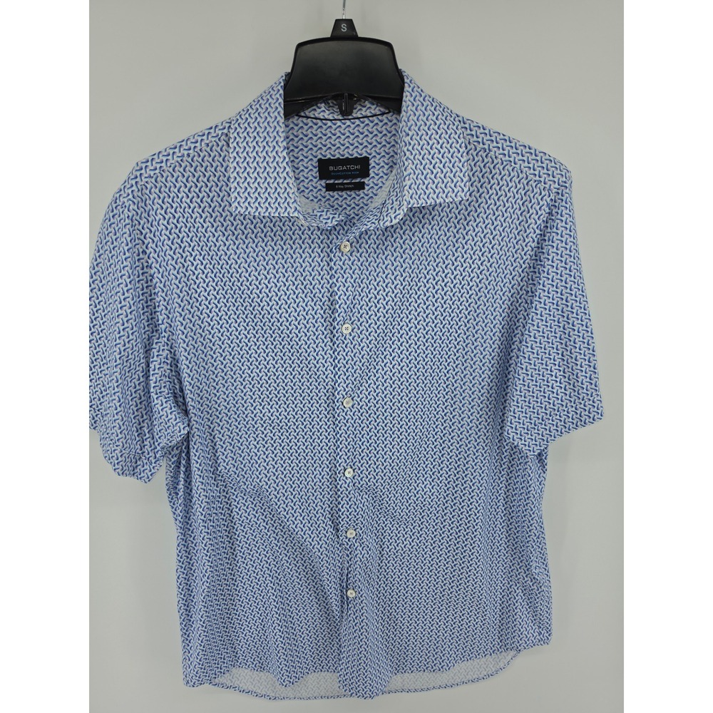 Bugatchi Mens Blue Geometric 8-Way Stretch Short Sleeve Button Down Shirt S